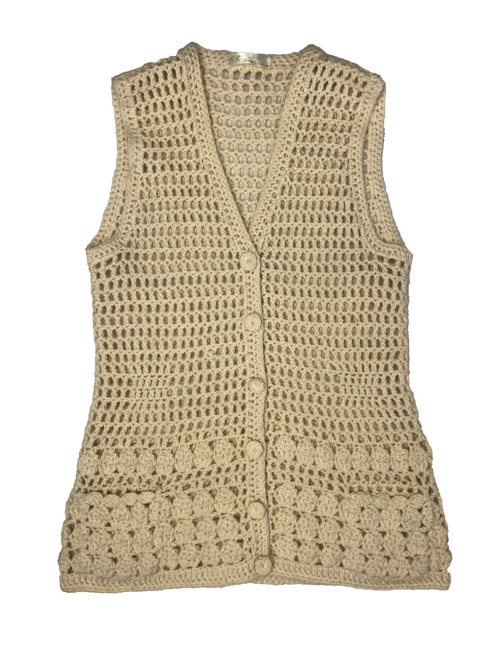 VINTAGE RR Irish Hand Crochet Vest Womens Small/ Medium* Boho Ivory Button Front